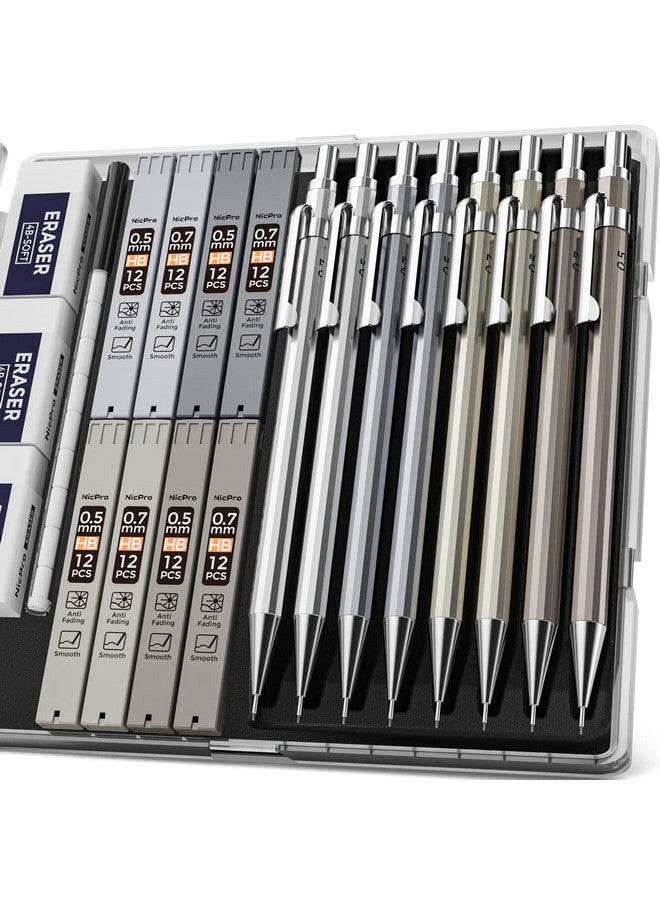 Nicpro 20Pcs 0.5Mm & 0.7Mm Metal Mechanical Pencils Set Lead Drafting Pencil For Artist Writing Sketching Drawing With 8 Tubes Hb Lead Refills 3Pcs 4B Erasers 9Pcs Eraser Refills Come With Case - Image 1