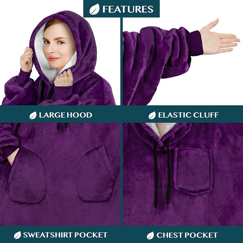 PAVILIA PAVILIA Blanket Hoodie for Women Purple  Sherpa Wearable Blanket Men  Cozy Oversized Sweatshirt Blanket  Warm Fleece Hooded Blanket Sweater with Sleeves and Two Big Pocket  Purple - Image 4