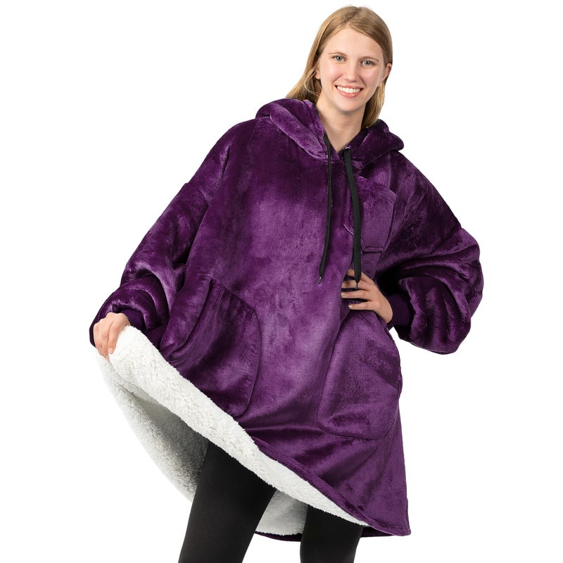 PAVILIA PAVILIA Blanket Hoodie for Women Purple  Sherpa Wearable Blanket Men  Cozy Oversized Sweatshirt Blanket  Warm Fleece Hooded Blanket Sweater with Sleeves and Two Big Pocket  Purple - Image 1