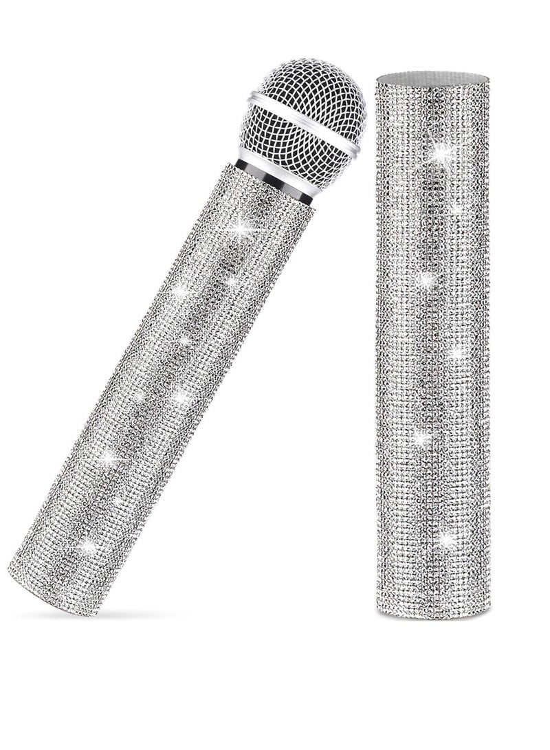 Silver Mic Handle Cover Sparkly Rhinestone Sleeve for Wired Wireless Microphones and Universal Cordless Mic Eyes Catching Rhinestones Colored Handle Sleeve for Show Tour Mic NOT Included - Image 1