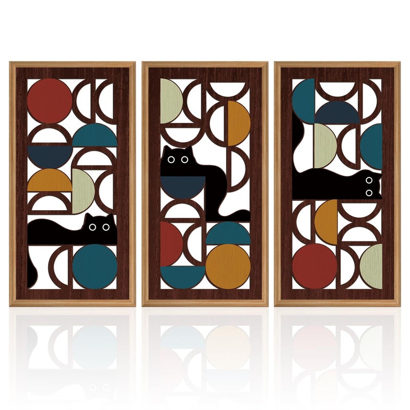 IARTTOP Mid Century Modern Cat Wall Art Framed Set of 3 Boho Abstract Geometric Wood Decor Black Cat Hanging Art for Living Room Bedroom Office Cat Lover Gifts 8x16 Inch - Image 1