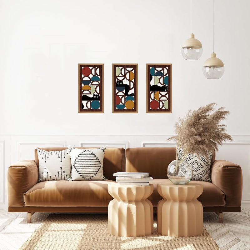 IARTTOP Mid Century Modern Cat Wall Art Framed Set of 3 Boho Abstract Geometric Wood Decor Black Cat Hanging Art for Living Room Bedroom Office Cat Lover Gifts 8x16 Inch - Image 5