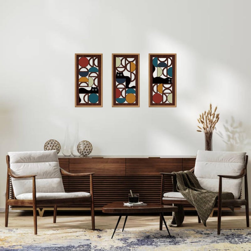 IARTTOP Mid Century Modern Cat Wall Art Framed Set of 3 Boho Abstract Geometric Wood Decor Black Cat Hanging Art for Living Room Bedroom Office Cat Lover Gifts 8x16 Inch - Image 4