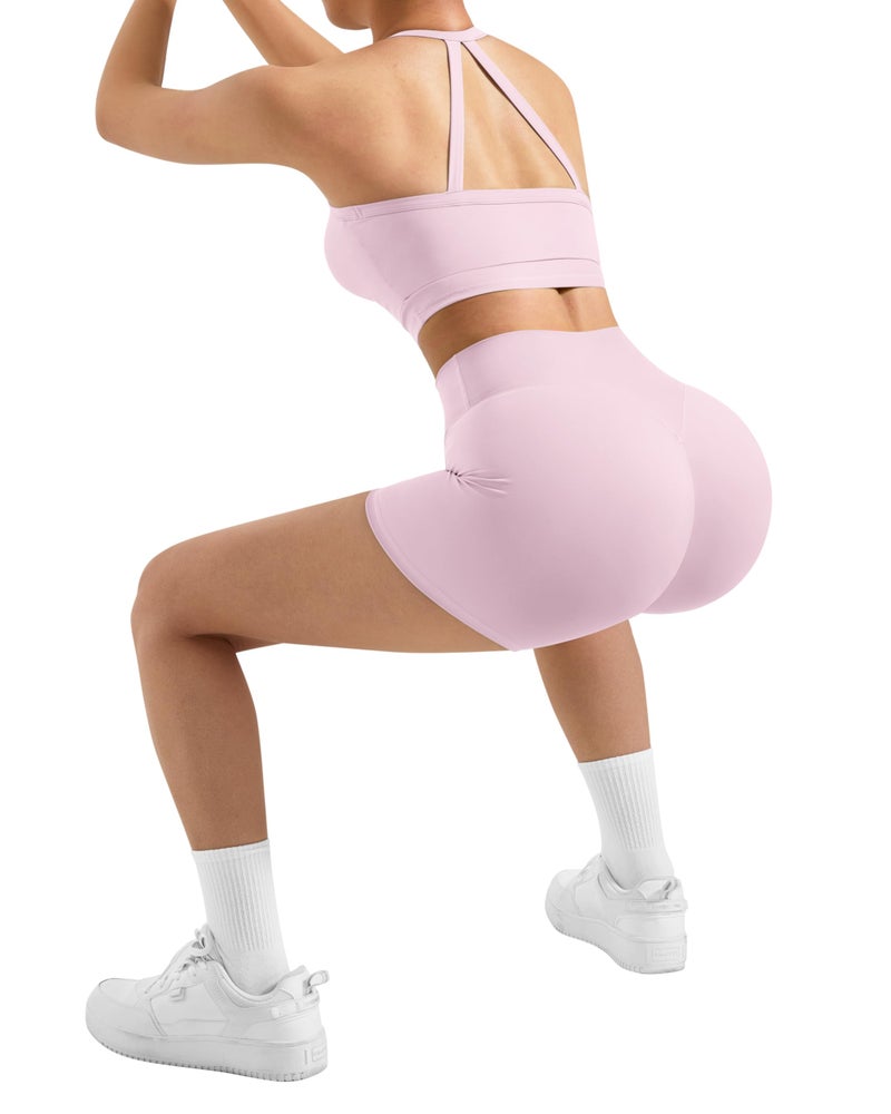 SUUKSESS Women 2 Piece Workout Sets High Waisted Tummy Control Biker Shorts Halter Padded Tank Tops Racerback Sports Bras (Light Pink, M) - Image 4