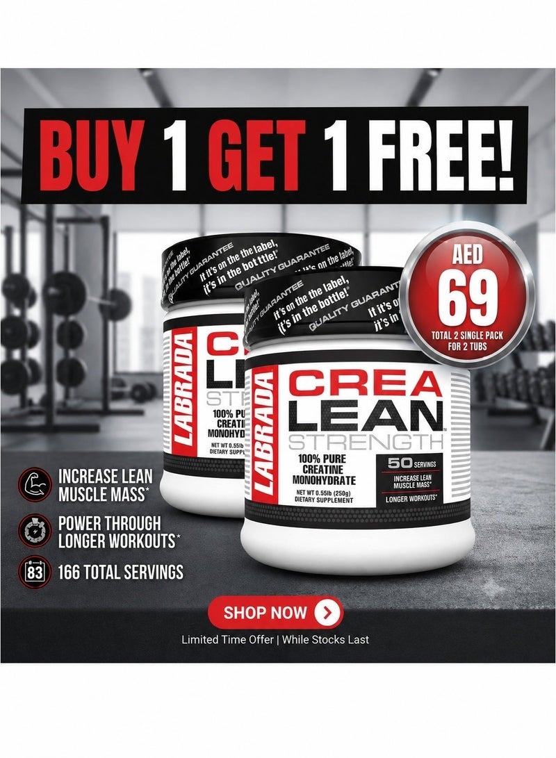 Labrada CreaLean Strength Creatine Monohydrate Powder - Buy 1 Get 1 Free (Unflavored, 2x 250g, 166 Total Servings) - Image 1
