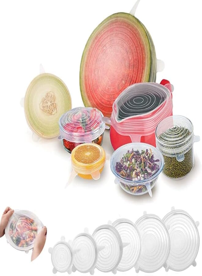 Silicone Stretch Lids 6 Pack of Various Size Flexible Durable Expandable Reusable Silicone Stretch food Saving covers Fresh-keeping Cover Food Storage Lids Saver Stretch Covers (White)
