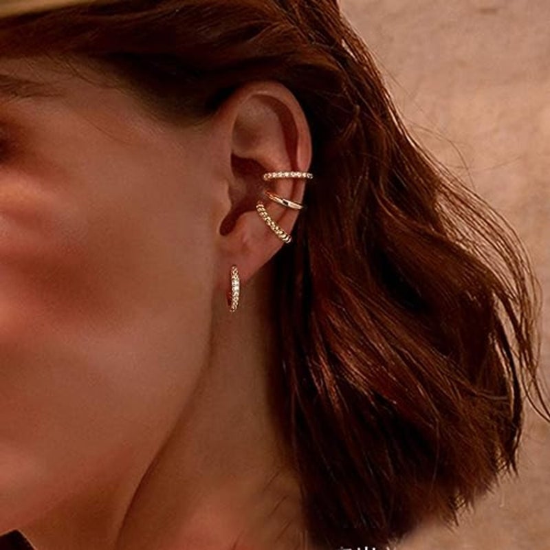 أصفاد الأذن الفضية للنساء غير ثقب مكعب زركونيا تألق Huggie الأذن الكفة أقراط الذهب الكفة أقراط وهمية أقراط الغضروف - Image 3