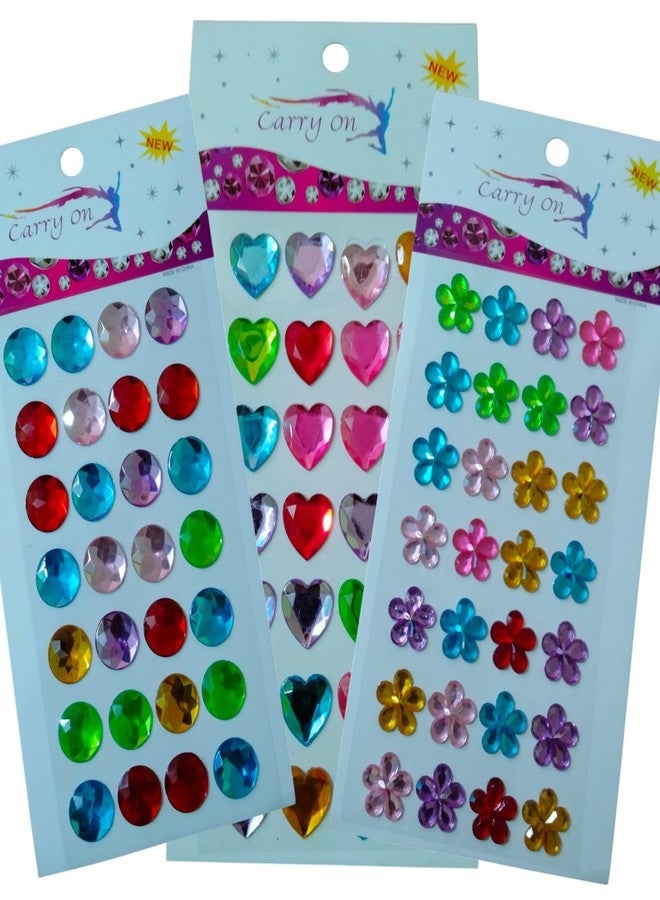Heart, Round, Flower Shape Stickers Rhinestones Acrylic Multicolor & Design Self Adhesive DIY Crafts (Pack of 3 Sheet) - Image 1