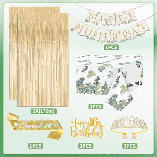 KISPATTI Sweet 16 Party Decorations Sage Green 16th Birthday Decorations for Girls 16th Happy Birthday Banner Birthday Sash Crown Tablecloth Fringe Curtain for Girls Sweet Sixteen Party Decorations 16th Bday - Image 5