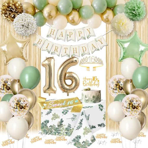 KISPATTI Sweet 16 Party Decorations Sage Green 16th Birthday Decorations for Girls 16th Happy Birthday Banner Birthday Sash Crown Tablecloth Fringe Curtain for Girls Sweet Sixteen Party Decorations 16th Bday - Image 1