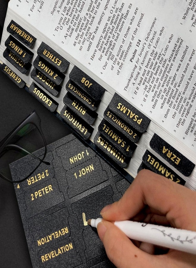 فواصل إريلانو للكتاب المقدس للرجال والنساء، لون أسود - 80 فاصلة فهرسة من ورق جلدي مذهب (66 من العهد القديم والعهد الجديد + 14 فارغة)، طباعة كبيرة ذاتية اللصق، سهلة الاستخدام لدراسة الكتاب المقدس وتدوين الملاحظات - Image 4