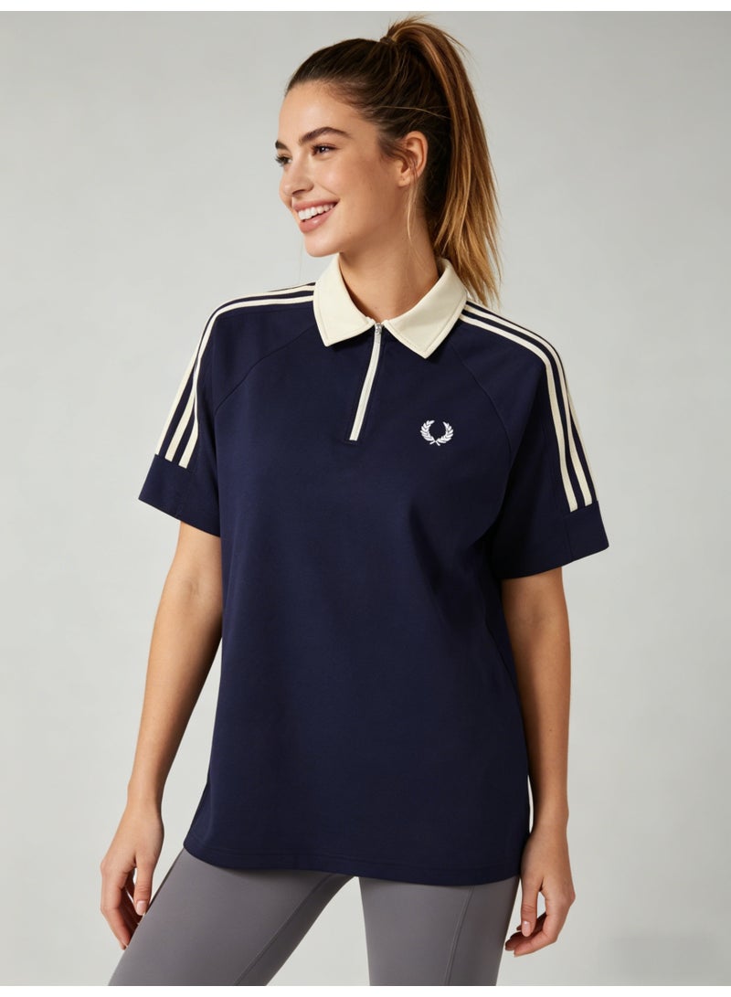 Fred Perry Women’s Quarter-Zip 3-Stripes Polo Shirt, Navy Blue with Ivory Accents - Image 4