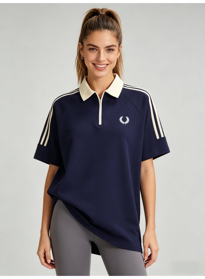 Fred Perry Women’s Quarter-Zip 3-Stripes Polo Shirt, Navy Blue with Ivory Accents - Image 1