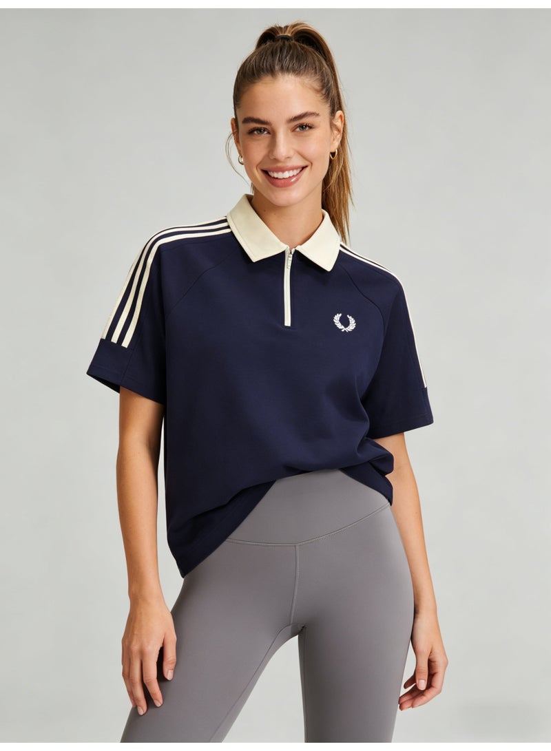 Fred Perry Women’s Quarter-Zip 3-Stripes Polo Shirt, Navy Blue with Ivory Accents - Image 5