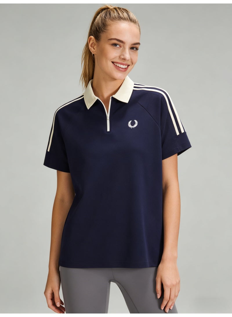 Fred Perry Women’s Quarter-Zip 3-Stripes Polo Shirt, Navy Blue with Ivory Accents - Image 3