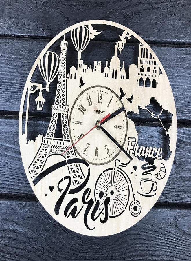 NABSTER Paris France Skyline Wall Clock Wood Room Home Decor Gifts Theme Romantic Office Business Christmas Anniversary Birthday Paris Clock - 12 Inch / 30 cm - Image 1