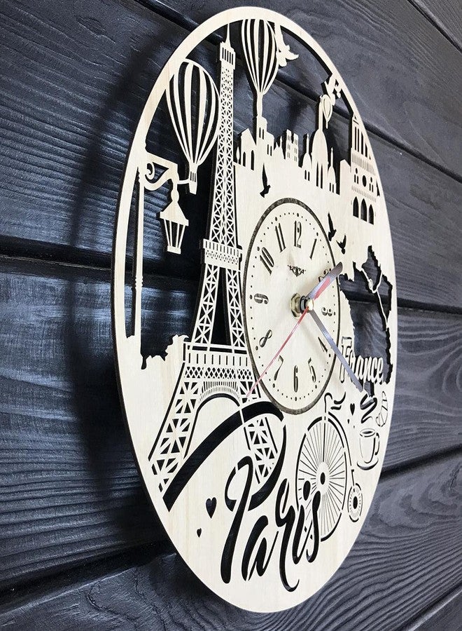 NABSTER Paris France Skyline Wall Clock Wood Room Home Decor Gifts Theme Romantic Office Business Christmas Anniversary Birthday Paris Clock - 12 Inch / 30 cm - Image 2