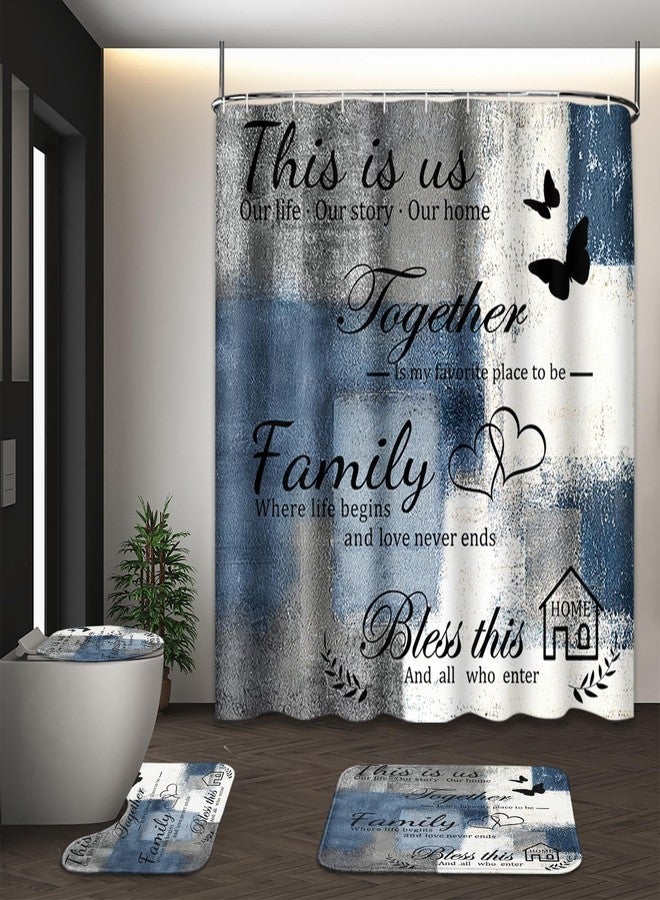 Tayney Family Home Motivational Shower Curtain Set with Toilet Lid Cover and Non-Slip Rugs for Bathroom, Blue Grey White Abstract Painting Art 4 Pcs Shower Curtain, Modern Bathroom Set with 12 Hooks - Image 1