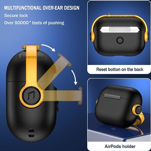 NEWTECHNO Antilost Lid Case Cover Shell for Airpods pro 2| Full Protection Case Cover with Lanyard Compatible for Airpods pro Gen-2 with carabaner-Yellow-Black - Image 5