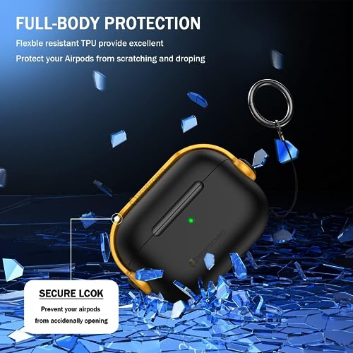 NEWTECHNO Antilost Lid Case Cover Shell for Airpods pro 2| Full Protection Case Cover with Lanyard Compatible for Airpods pro Gen-2 with carabaner-Yellow-Black - Image 4