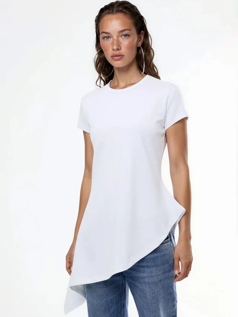 بوسيم BUSEM Asymmetrical Short Sleeve Crew Neck T-Shirt