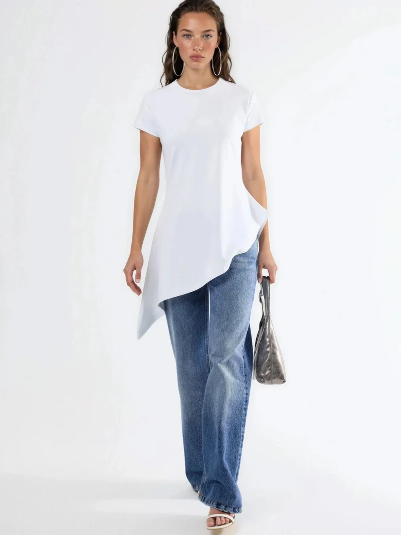 بوسيم BUSEM Asymmetrical Short Sleeve Crew Neck T-Shirt