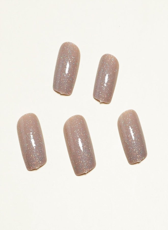 TOGZOM Nude Press on Nails Square Medium Fake Nails Glue on Nails with Bling Glitter Design False Nails Gel Acrylic Nails Glossy Stick on Nails for Women Nails Decoration 24Pcs - Image 2