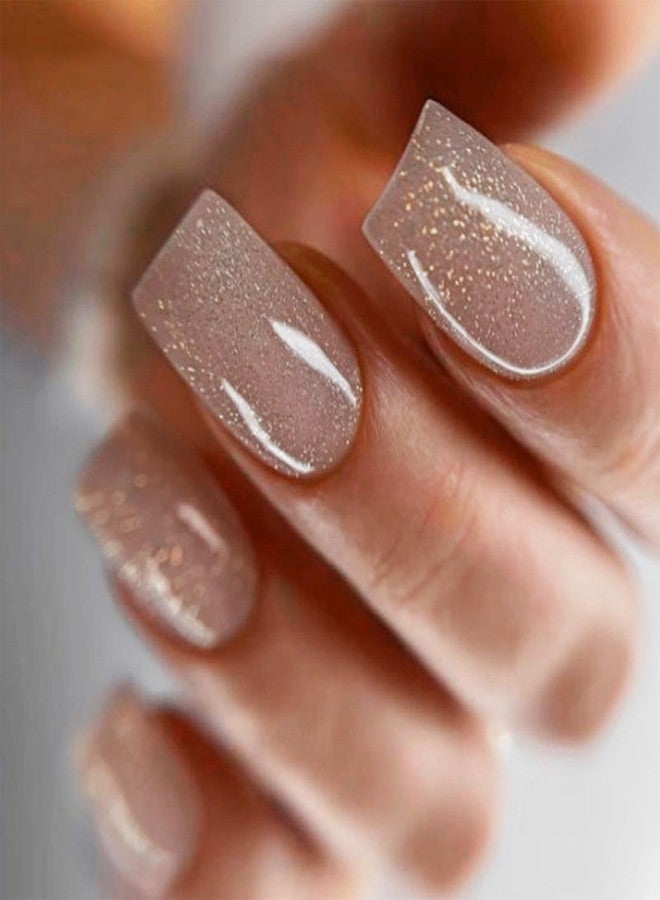 TOGZOM Nude Press on Nails Square Medium Fake Nails Glue on Nails with Bling Glitter Design False Nails Gel Acrylic Nails Glossy Stick on Nails for Women Nails Decoration 24Pcs - Image 1