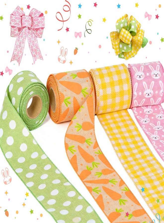ATJUMP 4 Rolls 20 Yards Easter Pastel Wired Edge Ribbon 2.5 Inch - Bunny Carrot Plaid Polka Dot Ribbons for Crafts Wreaths Bows Gift Wrapping Decor - Image 1