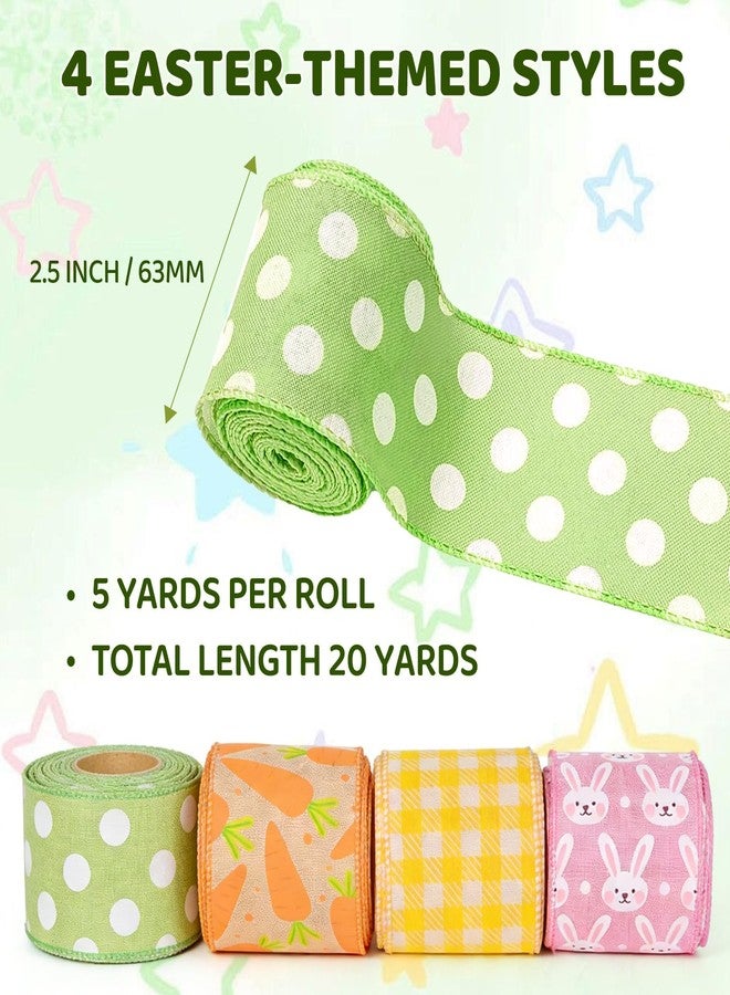 ATJUMP 4 Rolls 20 Yards Easter Pastel Wired Edge Ribbon 2.5 Inch - Bunny Carrot Plaid Polka Dot Ribbons for Crafts Wreaths Bows Gift Wrapping Decor - Image 2