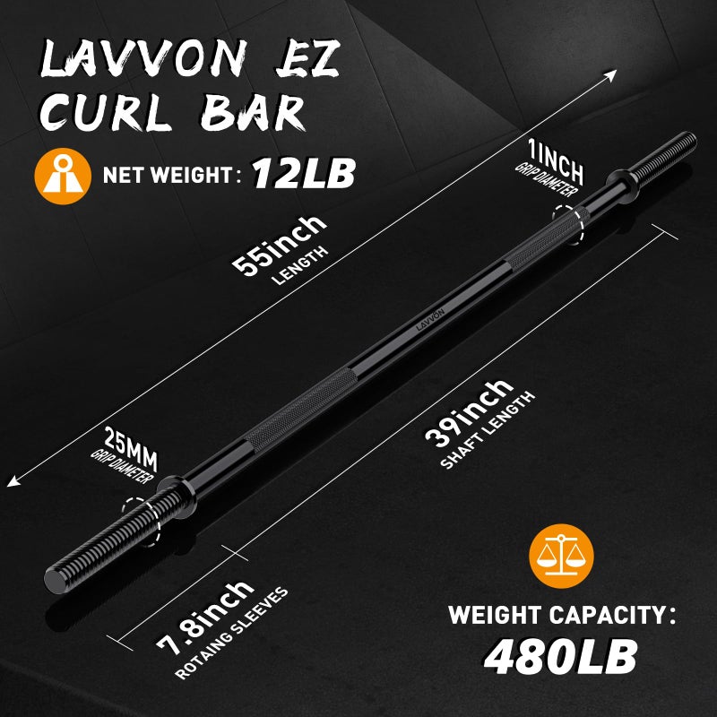 LAVVON بار رفع الأثقال 55"، باربل مستقيم قياسي 1" لرفع الأثقال، باربل أولمبي لتمارين الضغط على الصدر/الاندفاعات/القرفصاء/التمارين في الصالة الرياضية والمنزل، 2 نجوم نجوم (سعة وزن 480 رطل) - Image 3