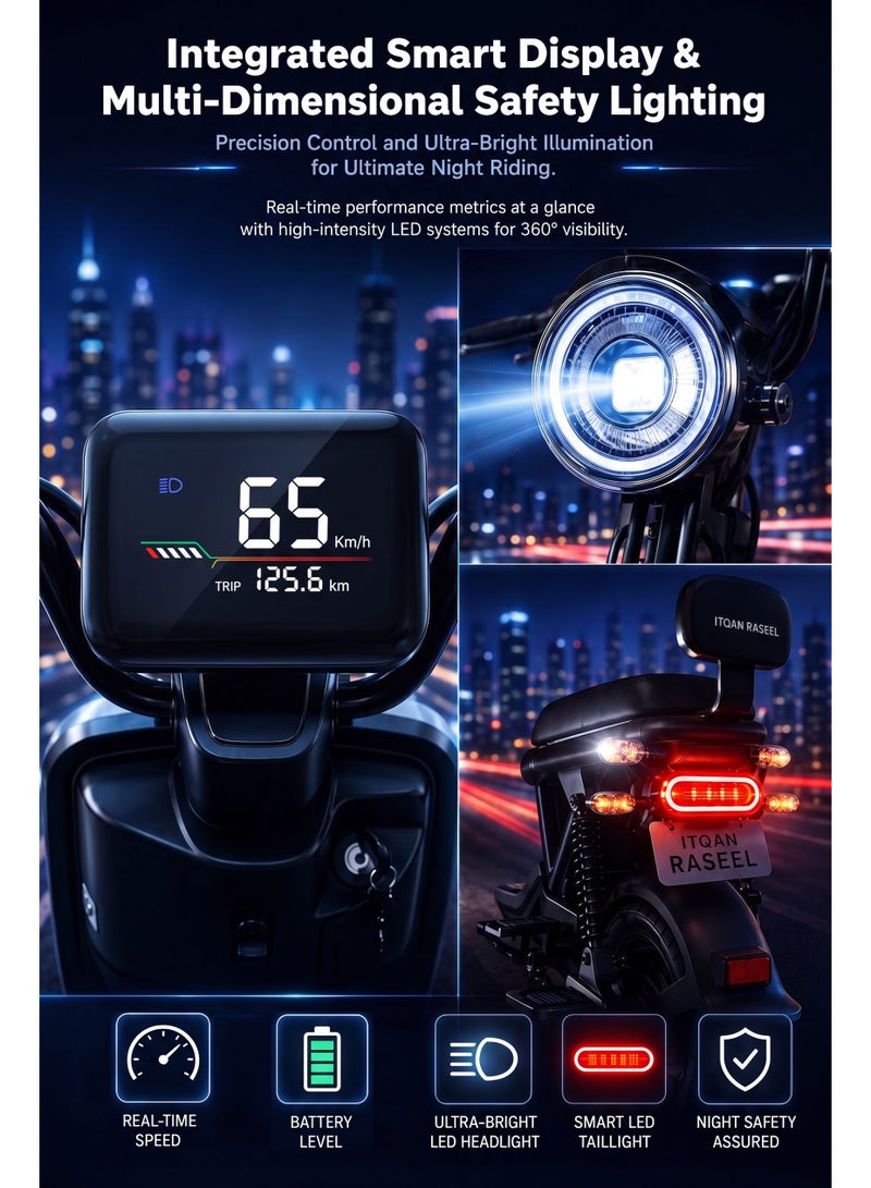 ITQAN RASEEL Upgraded Version — Long-lasting battery 60km adult high-speed two-person E-scooter，E-bike, comes with a front basket and double seat | 600W A+ motor | 60V 20Ah battery | Top speed 65 km/h | Supports up to 150 kg | Features a digital display and LED lights, sturdy and durable, perfect for everyday family commuting. - Image 4