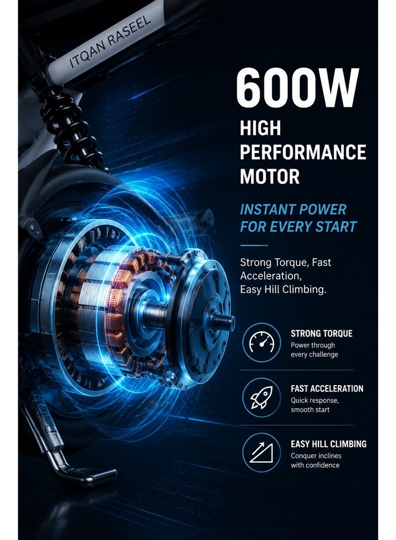ITQAN RASEEL Upgraded Version — Long-lasting battery 60km adult high-speed two-person E-scooter，E-bike, comes with a front basket and double seat | 600W A+ motor | 60V 20Ah battery | Top speed 65 km/h | Supports up to 150 kg | Features a digital display and LED lights, sturdy and durable, perfect for everyday family commuting. - Image 5