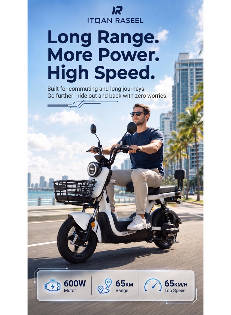 ITQAN RASEEL Upgraded Version — Long-lasting battery 60km adult high-speed two-person E-scooter，E-bike, comes with a front basket and double seat | 600W A+ motor | 60V 20Ah battery | Top speed 65 km/h | Supports up to 150 kg | Features a digital display and LED lights, sturdy and durable, perfect for everyday family commuting. - Image 2