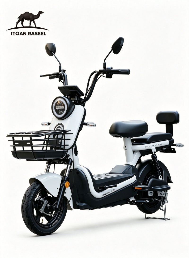 ITQAN RASEEL Upgraded Version — Long-lasting battery 60km adult high-speed two-person E-scooter，E-bike, comes with a front basket and double seat | 600W A+ motor | 60V 20Ah battery | Top speed 65 km/h | Supports up to 150 kg | Features a digital display and LED lights, sturdy and durable, perfect for everyday family commuting. - Image 1