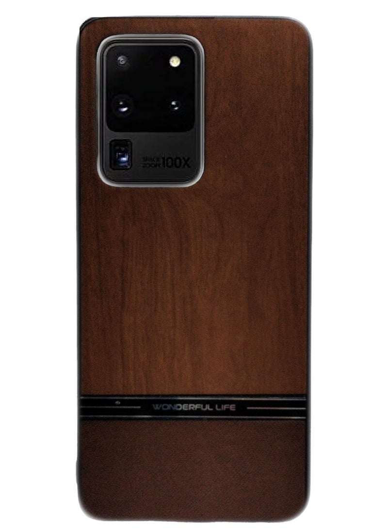 Generic Elmo3ezz Shockproof Wood Grain Skin PU and TPU Shockproof Luxury Phone Case for Samsung Galaxy S20 Ultra (Brown) 