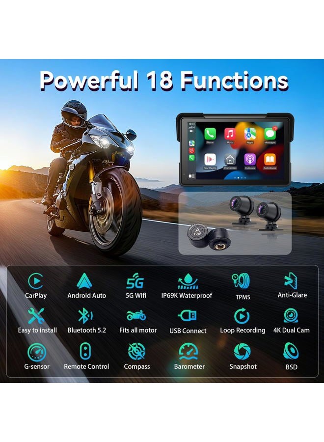 fuyuadas Wireless Motorcycle Apple Carplay & Android Auto,7 Inch Touchscreen with AHD Dual Dash Cam,Siri & Google Assistant, Anti-Glare/Bluetooth 5.2/ GPS Navigation/Remote Control/TMPS / IP69K Waterproof - Image 2