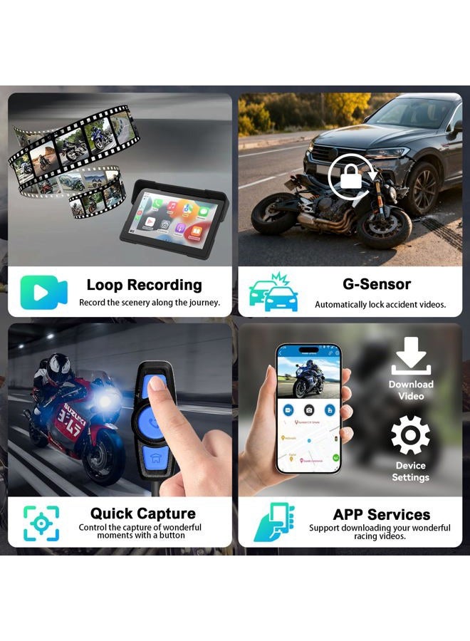 fuyuadas Wireless Motorcycle Apple Carplay & Android Auto,7 Inch Touchscreen with AHD Dual Dash Cam,Siri & Google Assistant, Anti-Glare/Bluetooth 5.2/ GPS Navigation/Remote Control/TMPS / IP69K Waterproof - Image 4