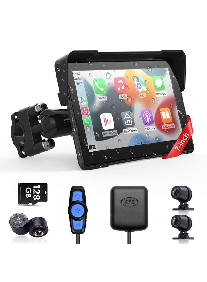 fuyuadas Wireless Motorcycle Apple Carplay & Android Auto,7 Inch Touchscreen with AHD Dual Dash Cam,Siri & Google Assistant, Anti-Glare/Bluetooth 5.2/ GPS Navigation/Remote Control/TMPS / IP69K Waterproof - Image 1
