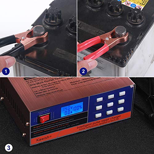 Kawish Full Automatic Car Battery Charger 12V/10A | 24V/7.5A Intelligent Pulse Repair Battery Charger Truck Motorcycle Charger with Terminal Clean Brush for Automotive,Boat,Motorcycle - Image 4