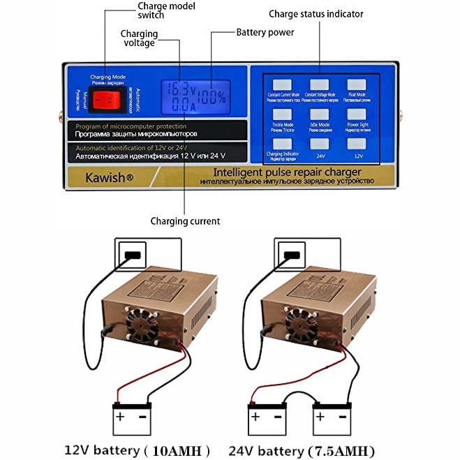 Kawish Full Automatic Car Battery Charger 12V/10A | 24V/7.5A Intelligent Pulse Repair Battery Charger Truck Motorcycle Charger with Terminal Clean Brush for Automotive,Boat,Motorcycle - Image 3