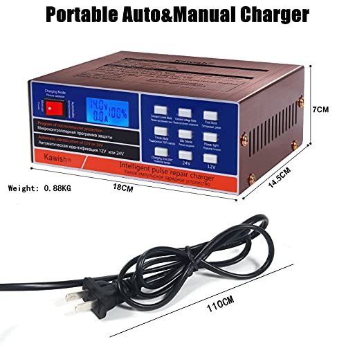 Kawish Full Automatic Car Battery Charger 12V/10A | 24V/7.5A Intelligent Pulse Repair Battery Charger Truck Motorcycle Charger with Terminal Clean Brush for Automotive,Boat,Motorcycle - Image 2