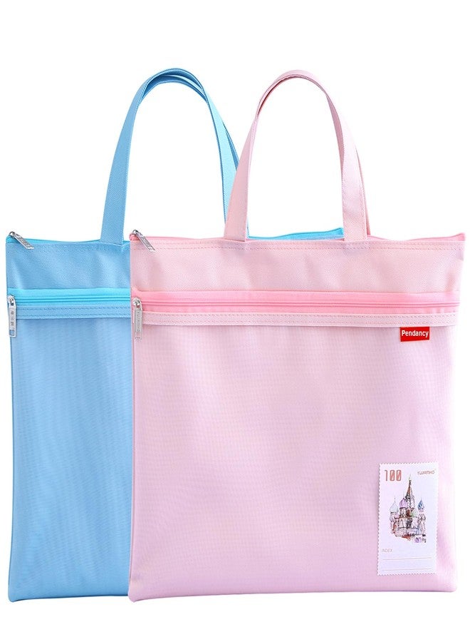 Pendancy Mesh Zipper Pouch 11x13.7 in, 2 pcs Large Double Pocket Waterproof File Bag with Handle, A4 Size Foldable Document Storage for Puzzle Project/Cross Stitch/Travel/Office（Blue Pink） - Image 1