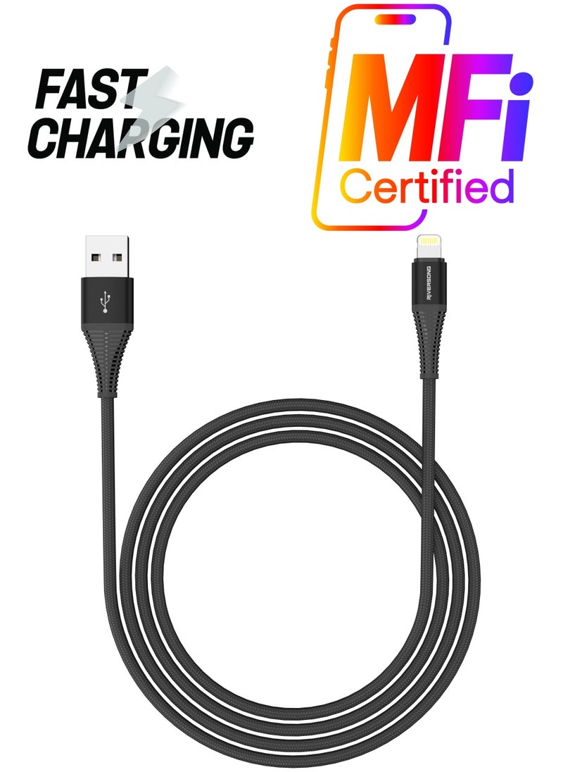 RIVERSONG RIVERSONG Alpha S Nylon Braided Fast Charging Lightning Cable, Black  - Image 1