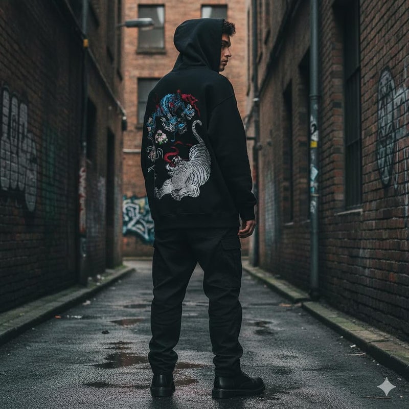 Niepce Inc Streetwear Men's Dragon Tiger Embroidered Heavyweight Graphic Hoodies (Large, Black-dragon tiger) - Image 4