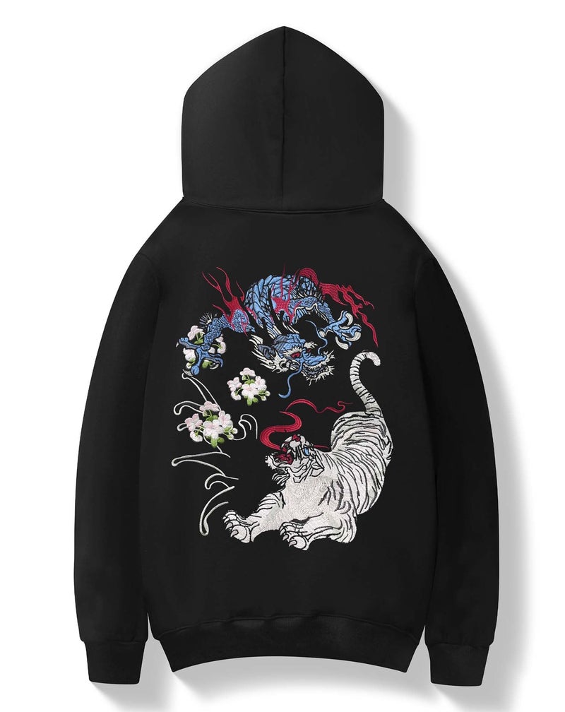 Niepce Inc Streetwear Men's Dragon Tiger Embroidered Heavyweight Graphic Hoodies (Large, Black-dragon tiger) - Image 1