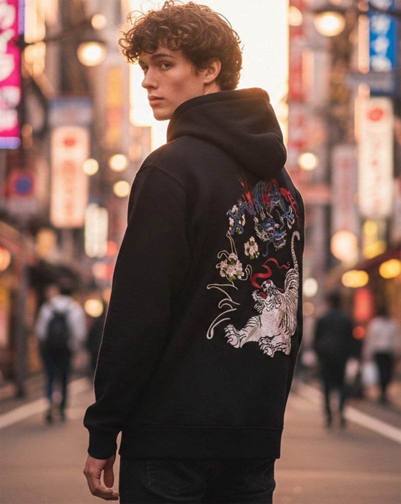 Niepce Inc Streetwear Men's Dragon Tiger Embroidered Heavyweight Graphic Hoodies (Large, Black-dragon tiger) - Image 2