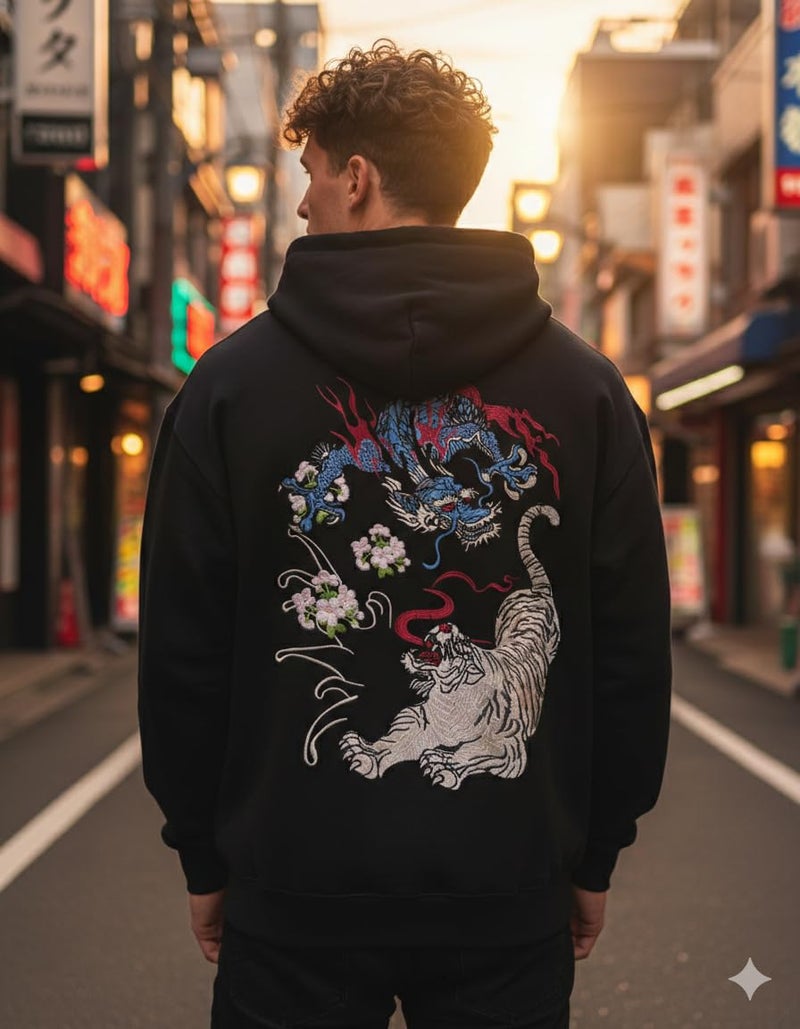 Niepce Inc Streetwear Men's Dragon Tiger Embroidered Heavyweight Graphic Hoodies (Large, Black-dragon tiger) - Image 3
