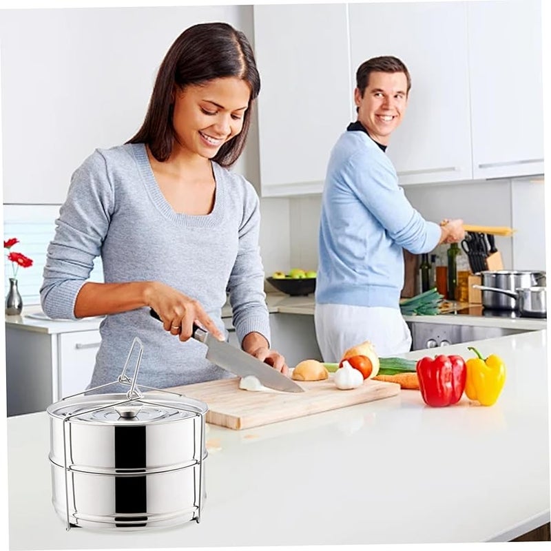 وعاء بخار فولاذي مقاوم للصدأ قابل للتركيب من طبقتين مع غطاء، سعة كبيرة للخضروات والشوربات والمأكولات البحرية - Image 3