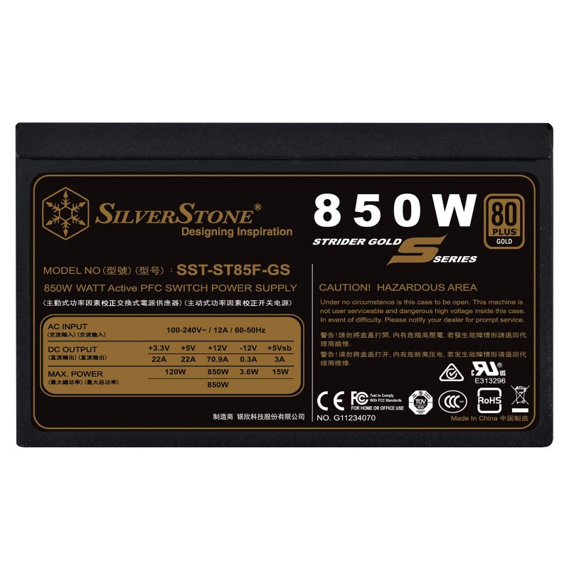 Silverstone Technology 850W Computer Power Supply PSU Fully Modular with 80 Plus Gold & 140mm Design Power Supply (SST-ST85F-GS-V2) - Image 1